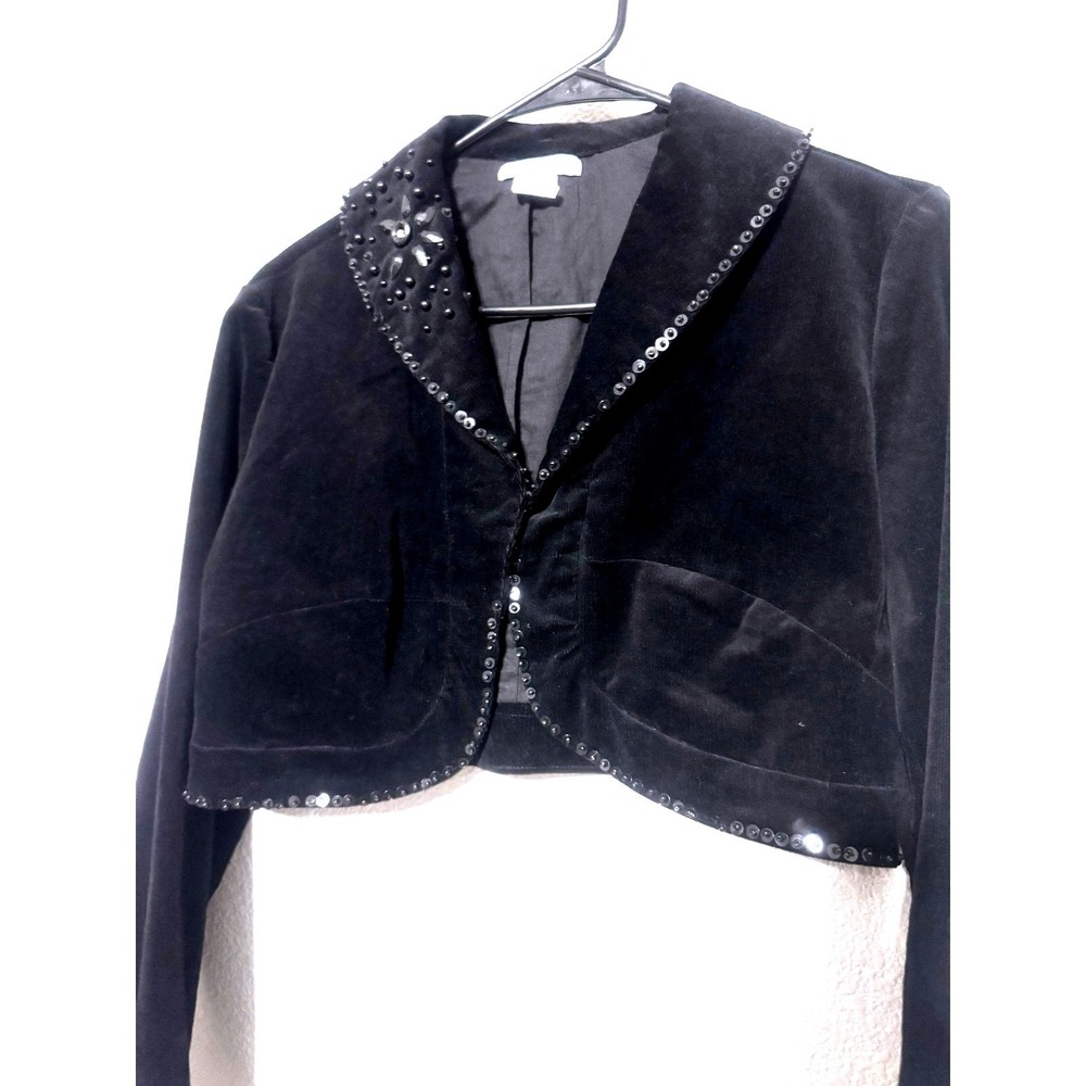 VTG Y2K West 36 Black Bolero Jacket Sz Large Sequin Beaded Corduroy Crop Event - Picture 3 of 8